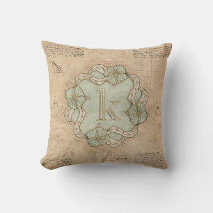 Vintage Handcrafted Letter K Word Art Green Gold   Cushion
