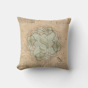Vintage Handcrafted Letter S Word Art Green Gold   Cushion