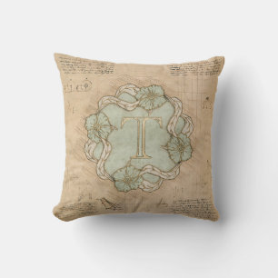Vintage Handcrafted Letter T Word Art Green Gold Cushion
