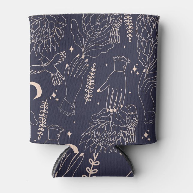 Vintage Hands and Birds: Artistic Pattern Can Cooler (Front)