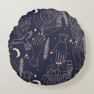 Vintage Hands and Birds: Artistic Pattern Round Cushion