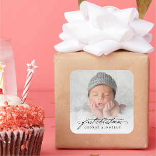 Vintage Handwriting Baby's 1st Christmas Photo Square Sticker