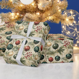 Vintage Hanging Ornaments, Berries, Pine Branches Wrapping Paper