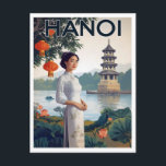 Vintage Hanoi Vietnam Ao Dai Lake Postcard<br><div class="desc">Capture the timeless elegance of Vietnam's capital with this captivating vintage-style travel poster postcard for Hanoi. The artwork features a graceful woman in a traditional white Ao Dai, standing beside the tranquil Hoan Kiem Lake. In the background stands the iconic Thap Rua (Turtle Tower), surrounded by lush foliage, pink lotus...</div>
