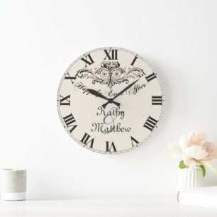 Vintage Happily Ever After Personalized Wedding Large Clock