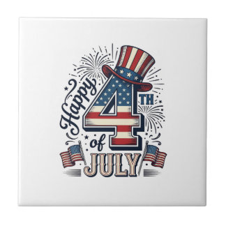 Vintage Happy 4th of July Patriotic Hat Vector Des Ceramic Tile