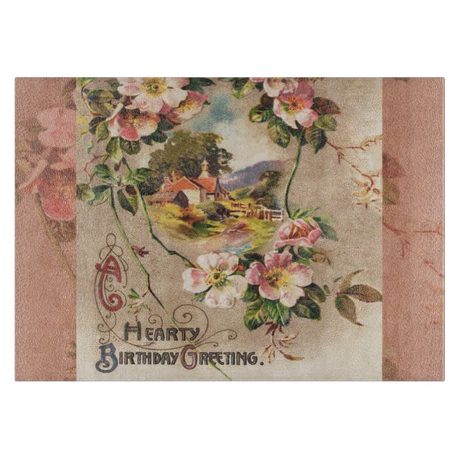 Vintage Happy Birthday Card Artwork Cutting Board (Front)