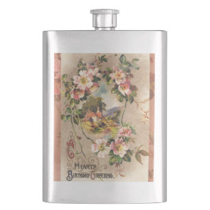 Vintage Happy Birthday Card Artwork Hip Flask