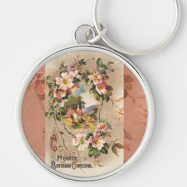 Vintage Happy Birthday Card Artwork Key Ring (Front)