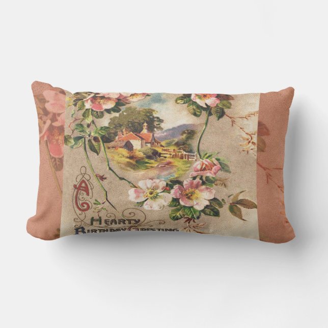 Vintage Happy Birthday Card Artwork Lumbar Cushion (Front)