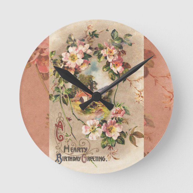 Vintage Happy Birthday Card Artwork Round Clock (Front)