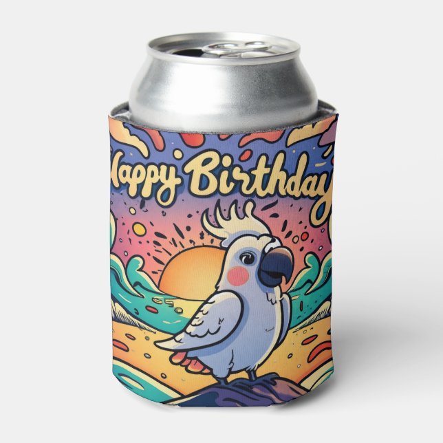 Vintage Happy Birthday Colourful Parrot Bird Can Cooler (Can Front)