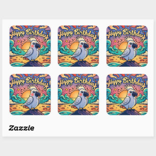 Vintage Happy Birthday Colourful Parrot Bird Square Sticker