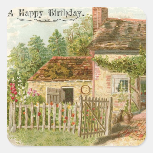 Vintage Happy Birthday Cottage Sticker (Front)