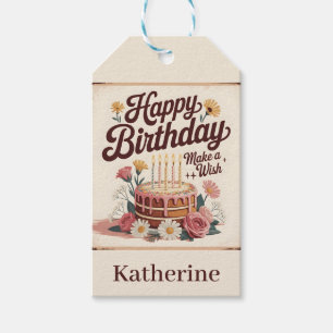 Vintage "Happy Birthday - Make a Wish" Floral Cake Gift Tags