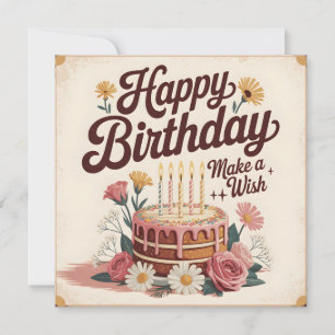 Vintage "Happy Birthday - Make a Wish" Floral Cake Holiday Card