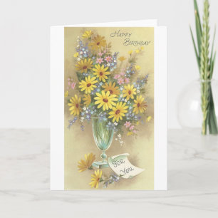 Vintage Happy Birthday With Flowers In Vase Card