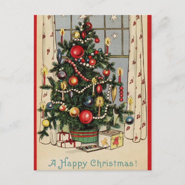 Vintage Happy Christmas Holiday Tree Postcard (Front)