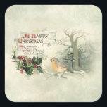 Vintage Happy Christmas Scroll, Holly & Cardinal Square Sticker<br><div class="desc">Elegant vintage winter scene featuring cardinal on snow-covered holly branch with antique scroll and Christmas text with rustic woodland scene on subtle swirly sage green background.</div>
