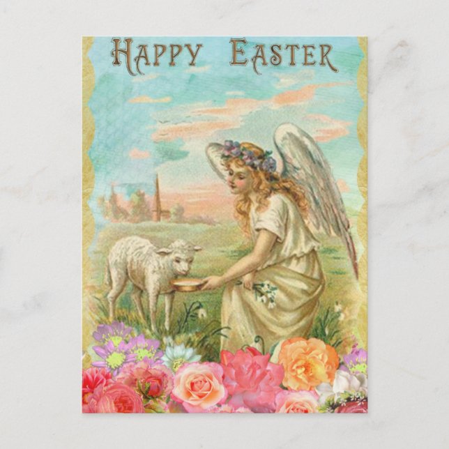 Vintage Happy Easter Angel lamb Postcard (Front)