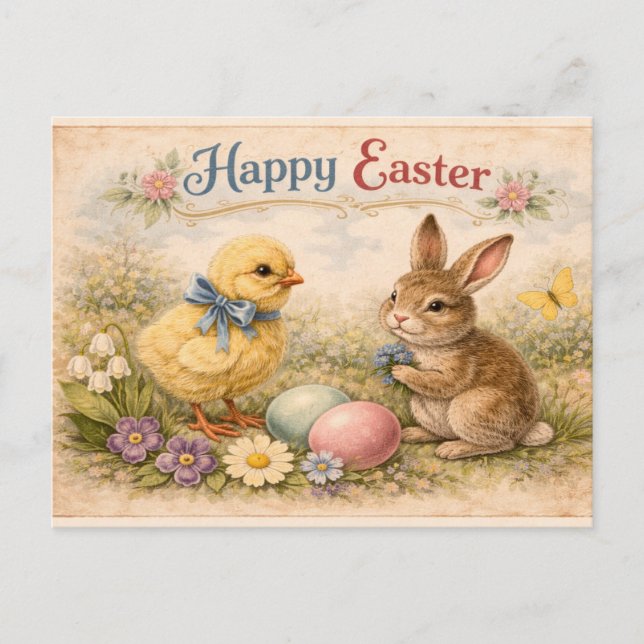 Vintage Happy Easter Bunny and Chick  Postcard (Front)