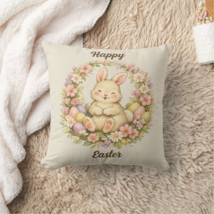 Vintage Happy Easter Bunny Floral Wreath Cushion
