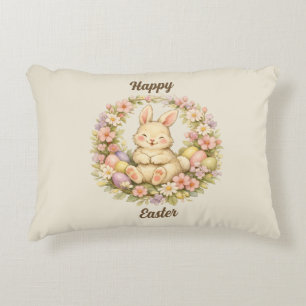 Vintage Happy Easter Bunny Floral Wreath Decorative Cushion