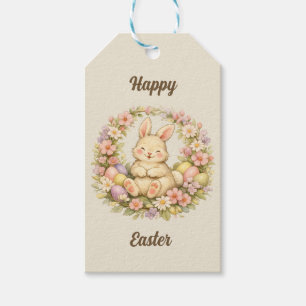 Vintage Happy Easter Bunny Floral Wreath Gift Tags