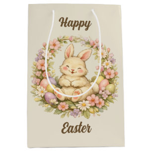 Vintage Happy Easter Bunny Floral Wreath Medium Gift Bag
