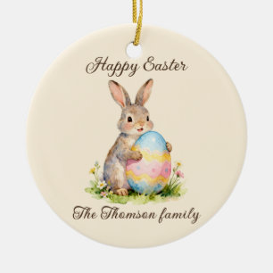Vintage Happy Easter Bunny with Egg Family Ceramic Ornament