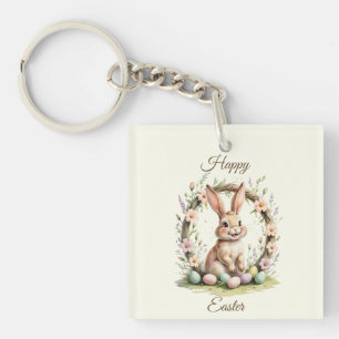 Vintage Happy Easter Bunny with Floral Wreath Key Ring