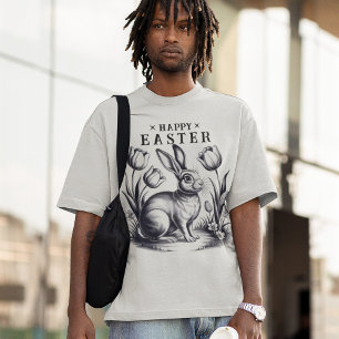 Vintage Happy Easter Bunny with Tulips Retro Ink T-Shirt