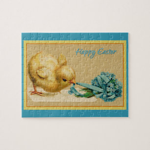 Vintage Happy Easter Chick with Blue Flowers Jigsaw Puzzle