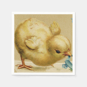 Vintage Happy Easter Chick with Blue Flowers Napkin