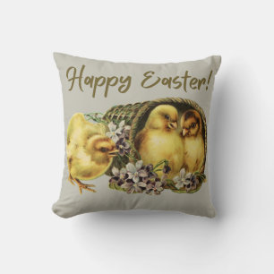 Vintage Happy Easter Chicken Basket Country Cushion