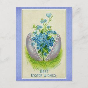 Vintage Happy Easter Egg Blue Floral Postcard
