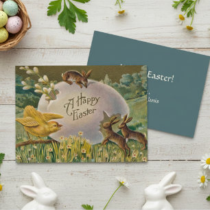 Vintage Happy Easter Egg With Bunnies Custom Holiday Card