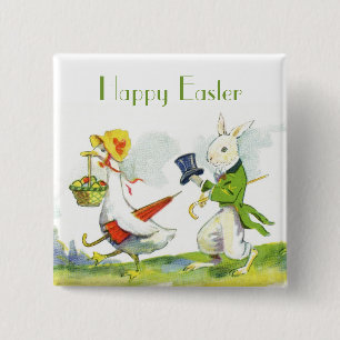 Vintage Happy Easter Pin-Dressed Rabbit,Duck 15 Cm Square Badge