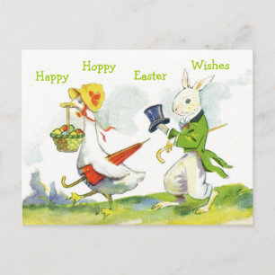 Vintage Happy Easter Postcard-Dressed Rabbit, Duck Holiday Postcard