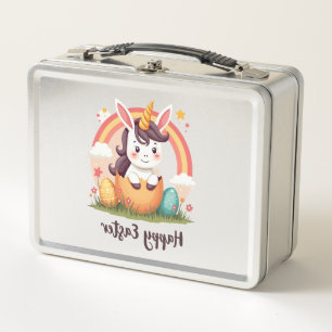 Vintage Happy Easter Unicorn Rainbow Egg Cute Kids Metal Lunch Box