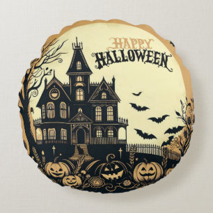 Vintage happy Halloween art Round Cushion