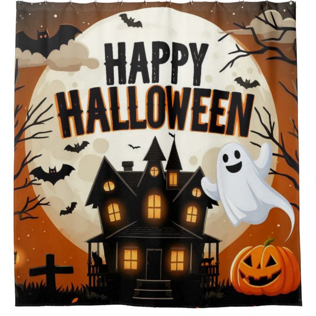 Vintage happy Halloween art Shower Curtain (Front)