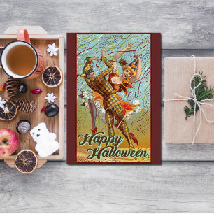 Vintage Happy Halloween Dancing in Jester Costume Card