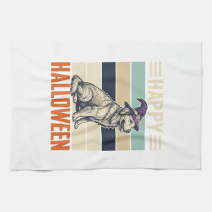 Vintage Happy Halloween Dog Witch Hat Shirt Design Tea Towel