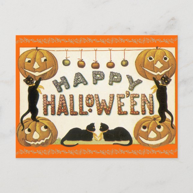 Vintage Happy Halloween Postcard Jack-O-Lanterns (Front)