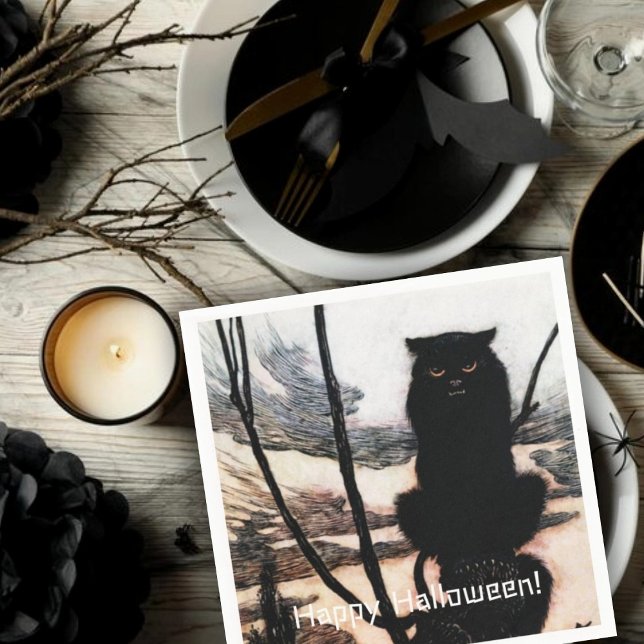 Vintage Happy Halloween Spooky Cat Arthur Rackham Napkin (Creator Uploaded)