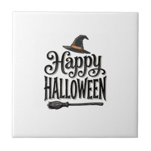 Vintage Happy Halloween Witch Hat Shirt Design_1 Ceramic Tile