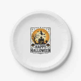 Vintage Happy Halloween Witch Moon Shirt Design_1 Paper Plate