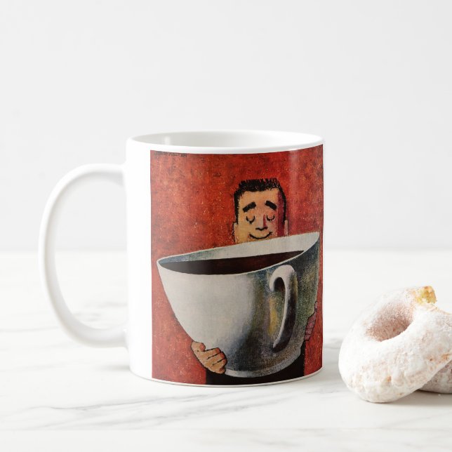 Vintage Happy Man Drinking Giant Cup of Coffee (With Donut)