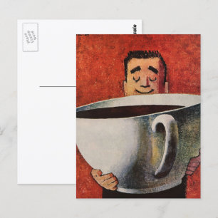Vintage Happy Man Drinking Giant Cup of Coffee Postcard